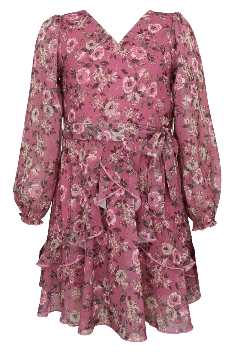 Kids' Metallic Long Sleeve Chiffon Party Dress, Main, color, ROSE DARK