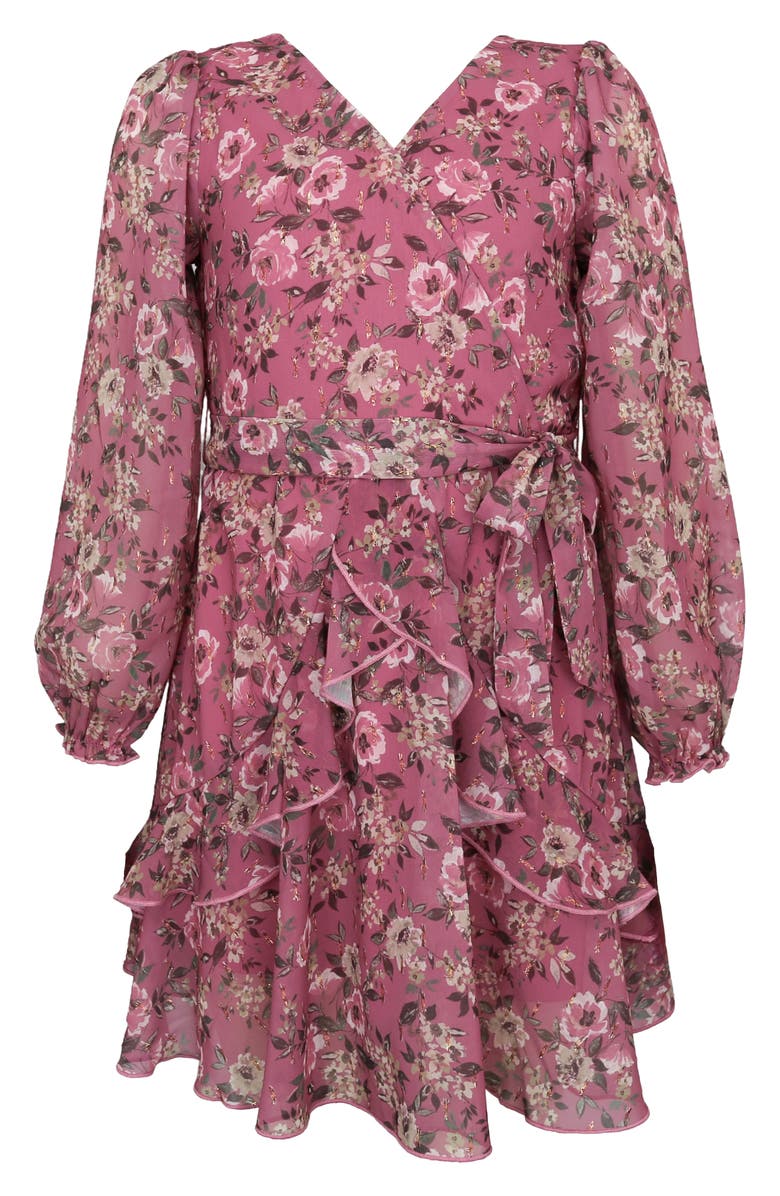 Zunie Kids' Metallic Long Sleeve Chiffon Party Dress, Main, color, Rose Dark