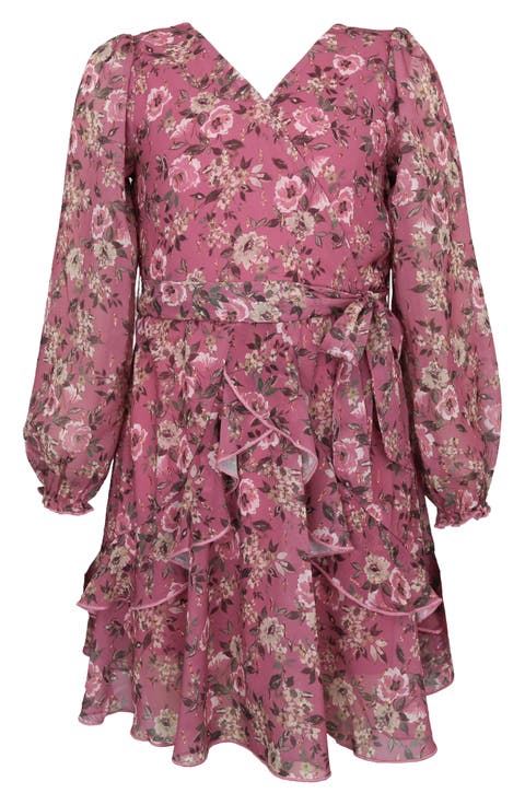 Kids' Metallic Long Sleeve Chiffon Party Dress (Big Kid)