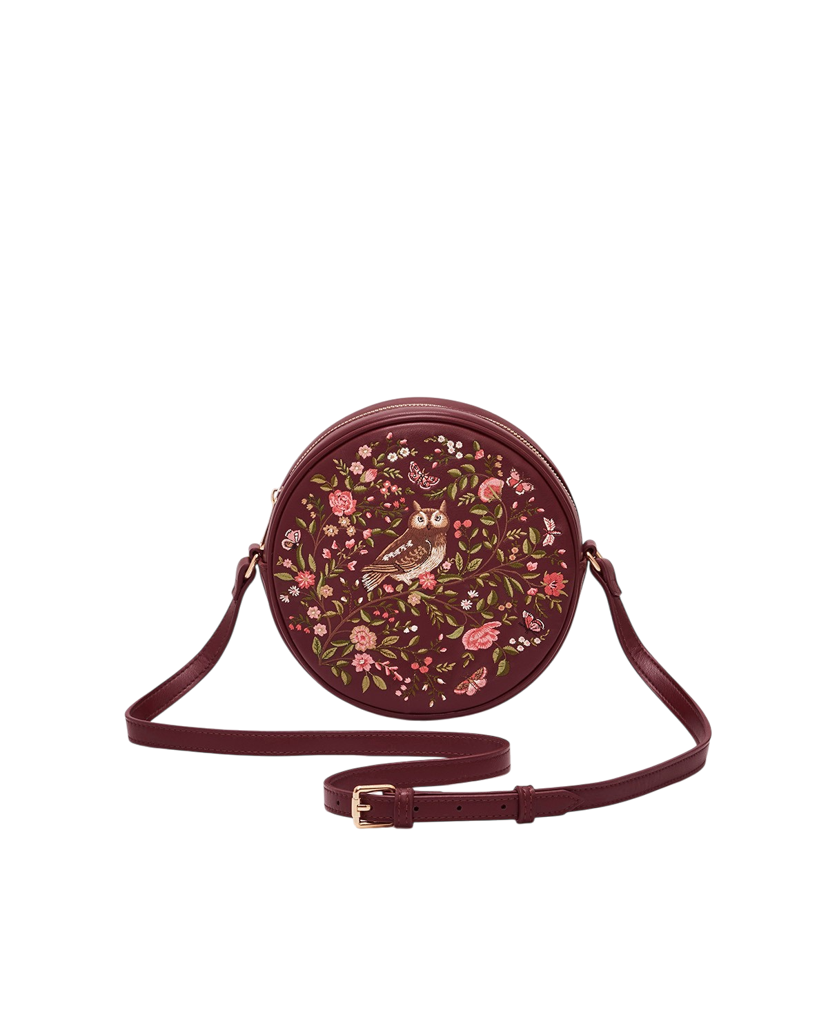 Chloe Owl Embroidered Circle Purse, Main, color, Burgundy