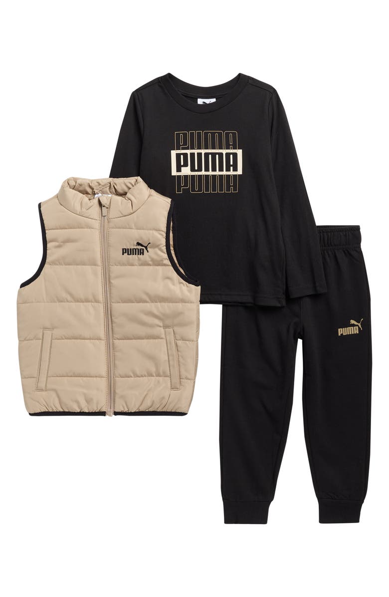 PUMA Kids' Graphic Pullover, Leggings & Puffer Vest Set, Main, color, Pale Brown