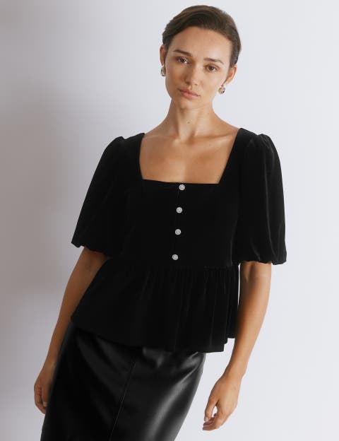 Diamonte Velvet Puff Sleeve Top