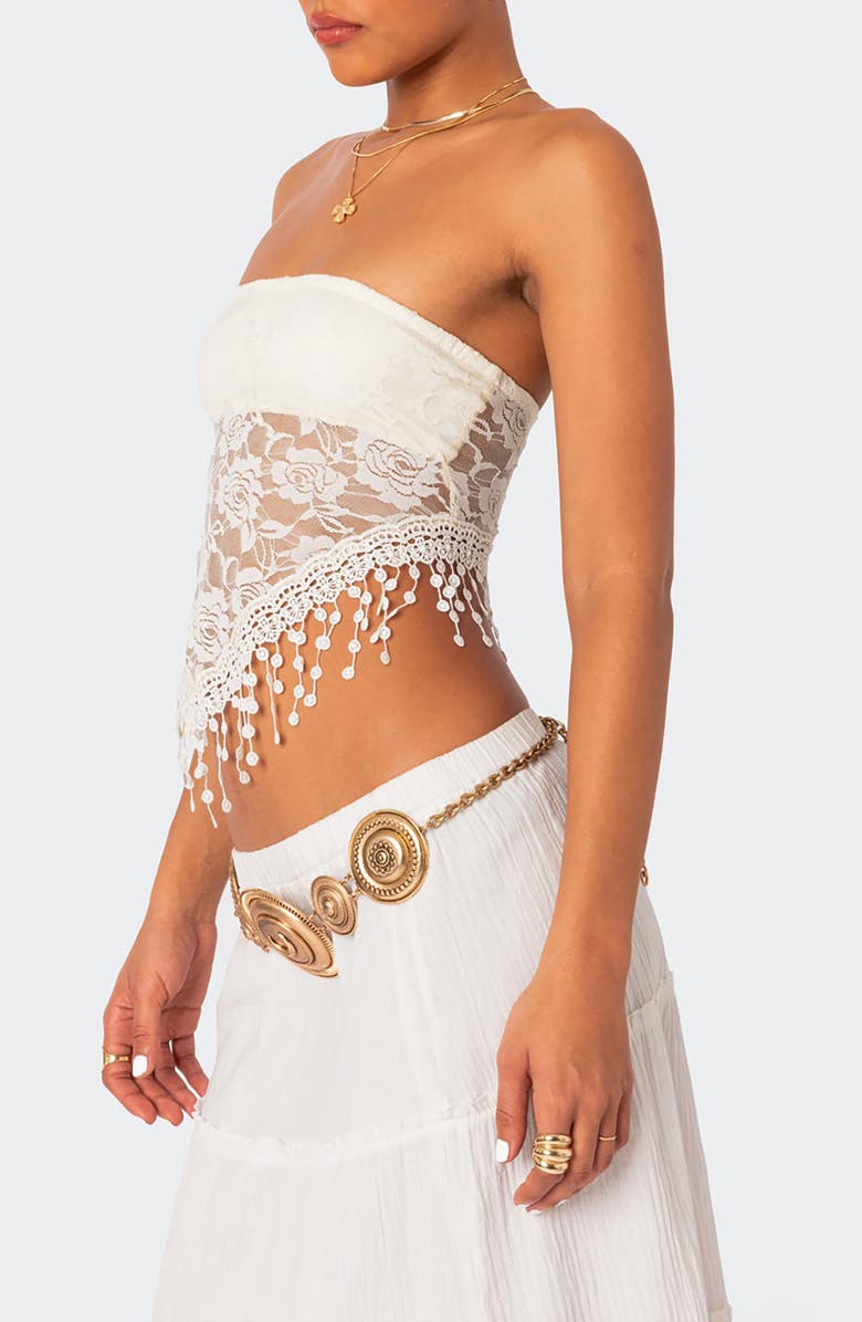 EDIKTED India Fringe Hem Lace Tube Top, Alternate, color, Cream