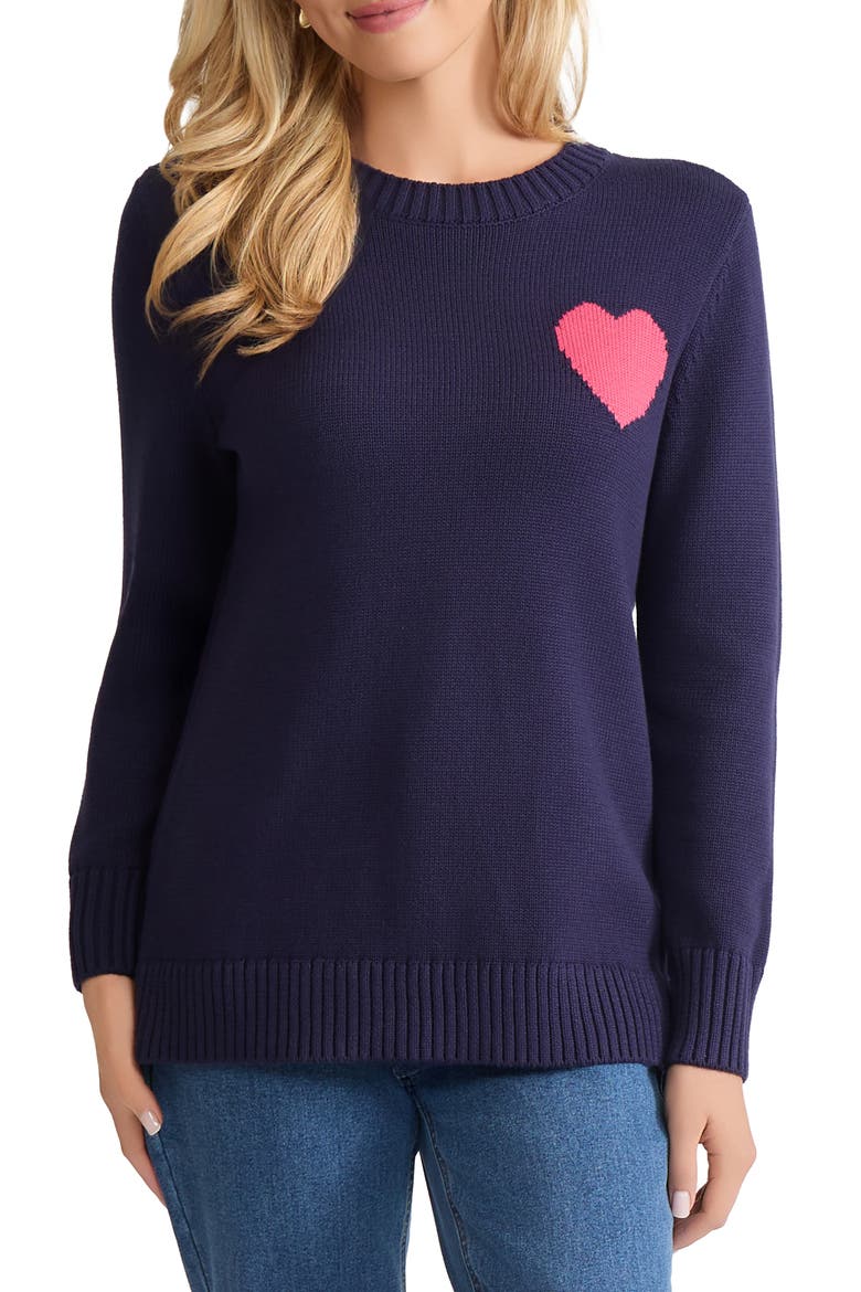 Heart Cotton Blend Intarsia Swetaer, Main, color, PACIFIC NAVY / FRESH GUAVA