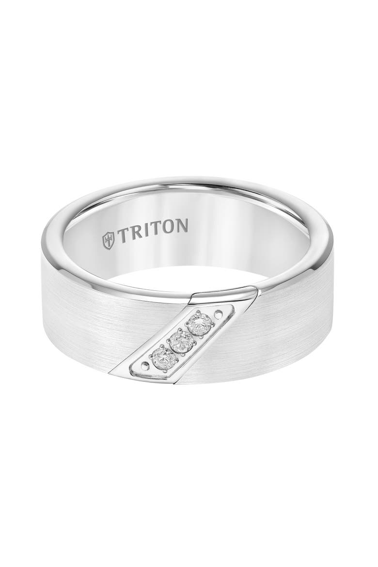 8mm White Tungsten Carbide Ring with Diagonal Set Diamonds and Satin Finish with Flat Edge, Alternate, color, Metallic Silver