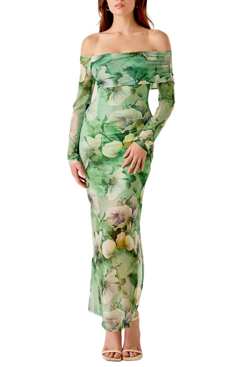 Long Sleeve Floral Mesh Off the Shoulder Maxi Dress, Main, color, GREEN MULTI