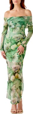 MARSY Long Sleeve Floral Mesh Off the Shoulder Maxi Dress