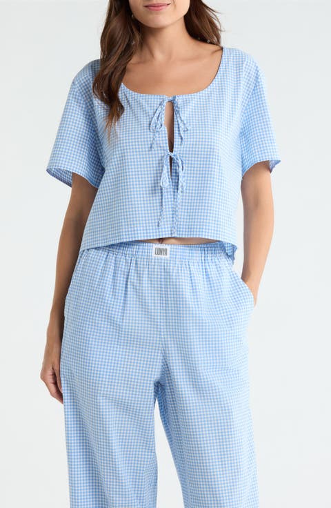Gingham Tie Front Cotton Sleep Top