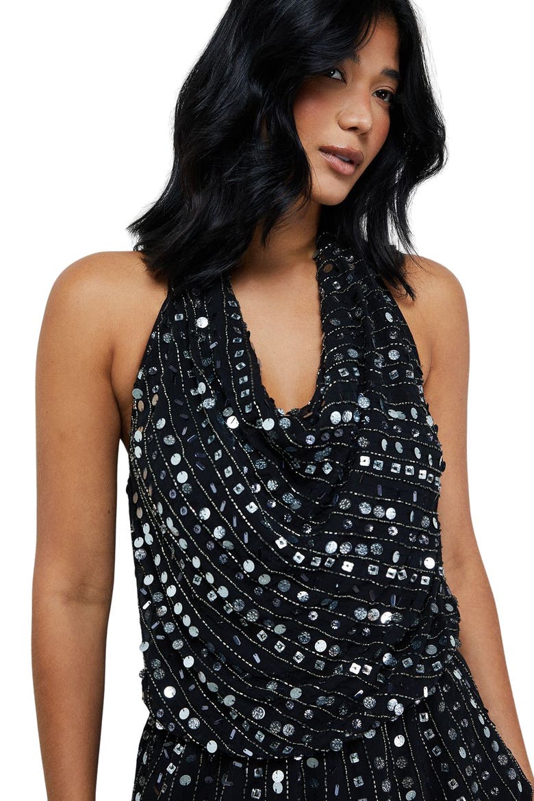 Sequin Cowl Front Flippy Mini Dress, Alternate, color, Black