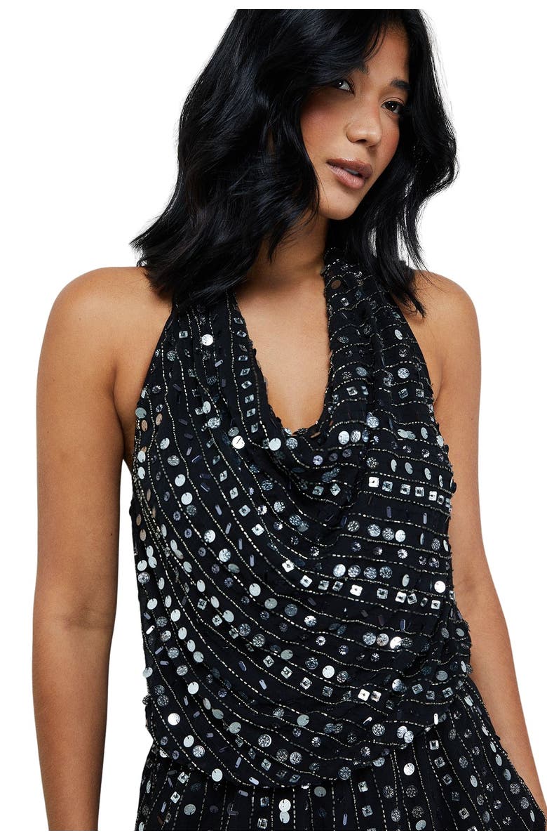 Warehouse Sequin Cowl Front Flippy Mini Dress, Alternate, color, Black