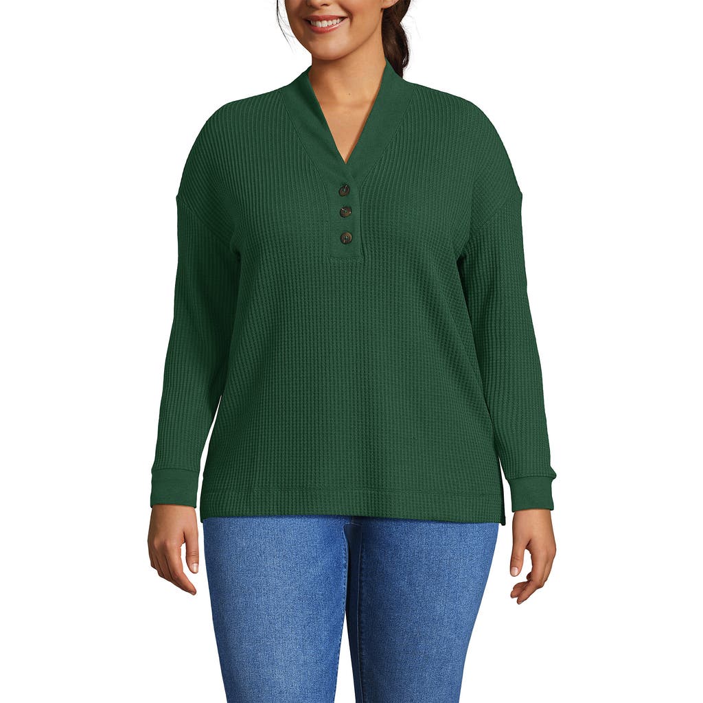 Lands' End Long Sleeve Waffle Shawl Collar Henley In Green