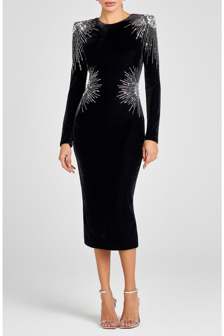 Ellie Embellished Starburst Velvet Midi Dress, Main, color, BLACK