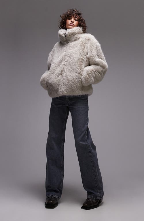 Topshop Zip Front Faux Fur Coat in White 