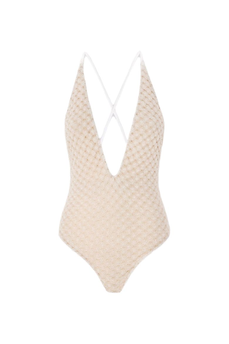 One-piece Swimsuit In Lamé Viscose With Raschel Workmanship, Alternate, color, White
