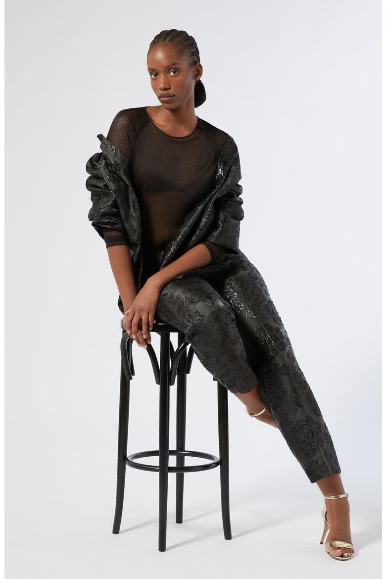 Demetra Metallic Floral Jacquard Pants, Alternate, color, BLACK