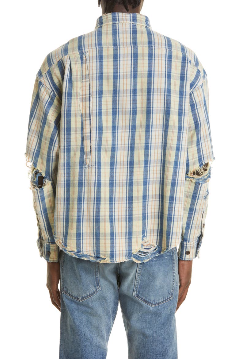 Men's Pioneer Crash Distressed Check Cotton & Linen Button-Up Shirt, Alternate, color, DARK INDIGO