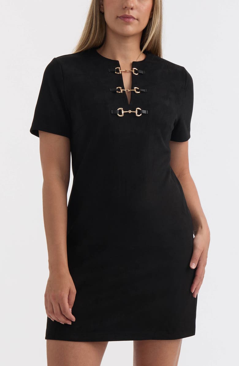Ellen Tracy Horsebit Detail Faux Suede Shift Dress, Alternate, color, Black