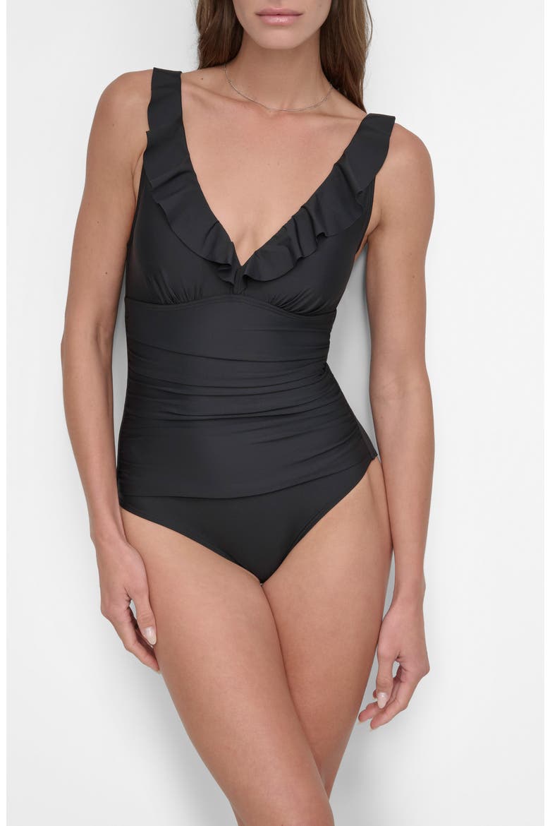 Ruffle Plunge Neck One-Piece Swimsuit, Main, color, BLACK