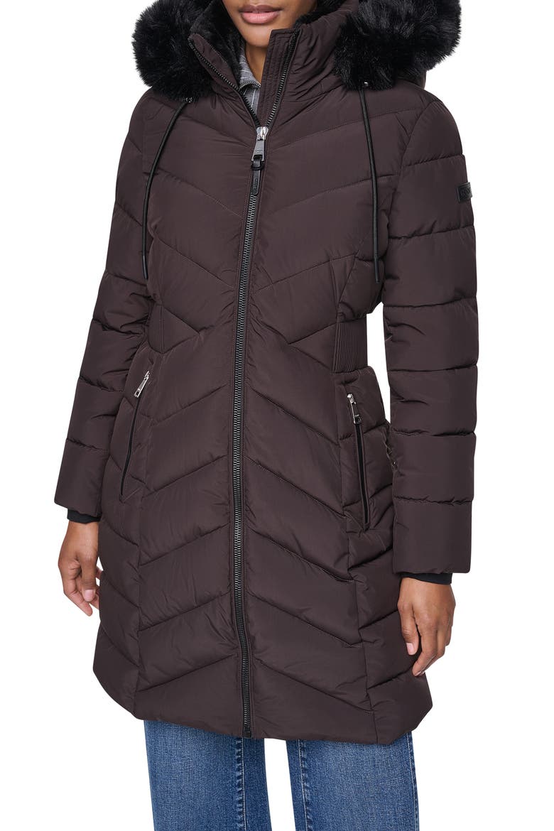 Hooded Puffer Coat with Faux Fur Trim, Main, color, BITTER