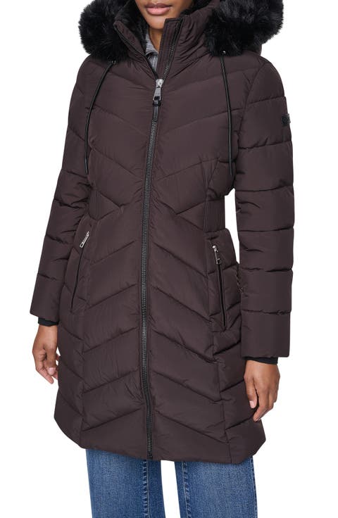 Hooded Puffer Coat with Faux Fur Trim