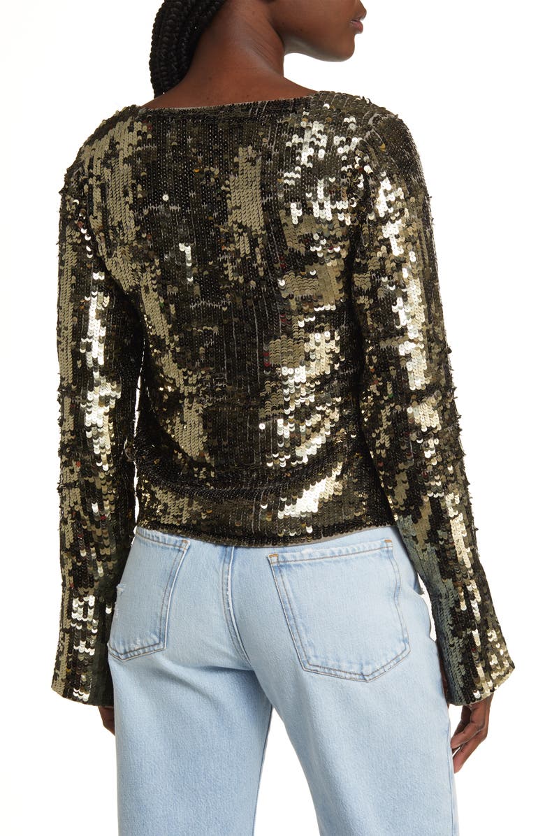 ASOS DESIGN Tie Detail Long Sleeve Sequin Top, Alternate, color, Khaki