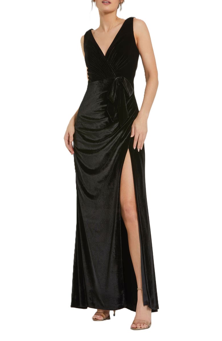 Mac Duggal Deep V High Slit Draped Velvet Fitted Gown, Main, color, Black