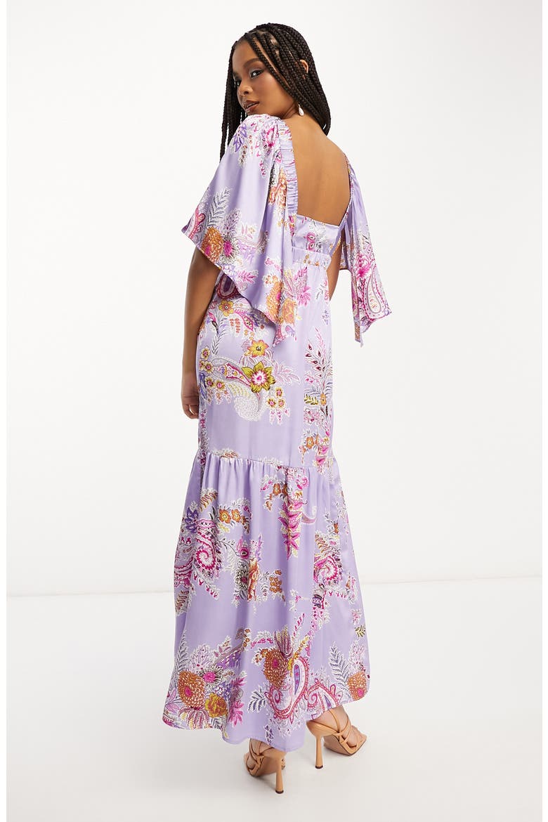 Floral Print Flutter Sleeve Satin Maxi Dress, Alternate, color, PURPLE MULTI