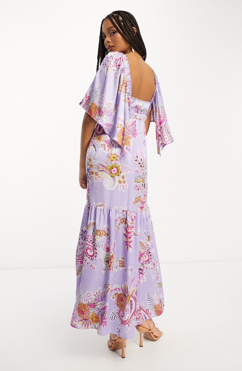ASOS DESIGN Floral Print Flutter Sleeve Satin Maxi Dress, Alternate, color, Purple Multi