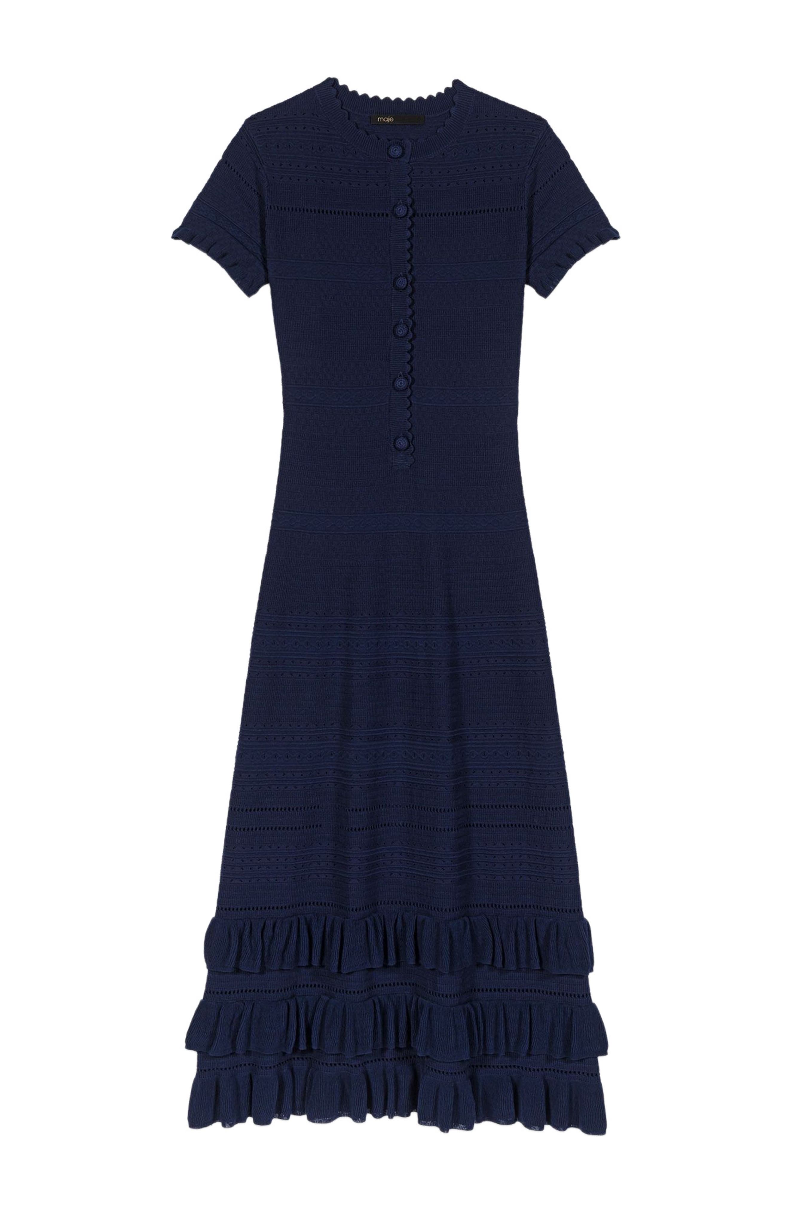 maje dress with ruffles and lace details Knit maxi dress with ruffles
