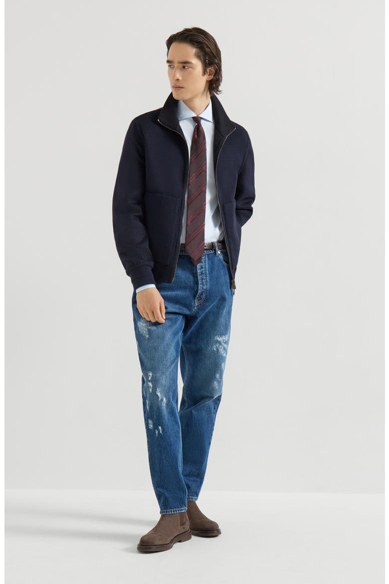 Hand-crafted reversible bomber jacket in cashmere Prince of Wales flannel double cloth, Alternate, color, Blue