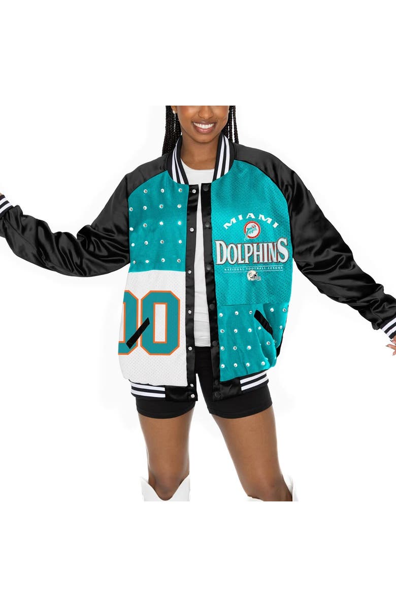 GAMEDAY COUTURE Women's Gameday Couture  Black/Aqua Miami Dolphins Oversized Hot Shot Rhinestone Throwback Full-Snap Varsity Bomber Jacket, Alternate, color, Black