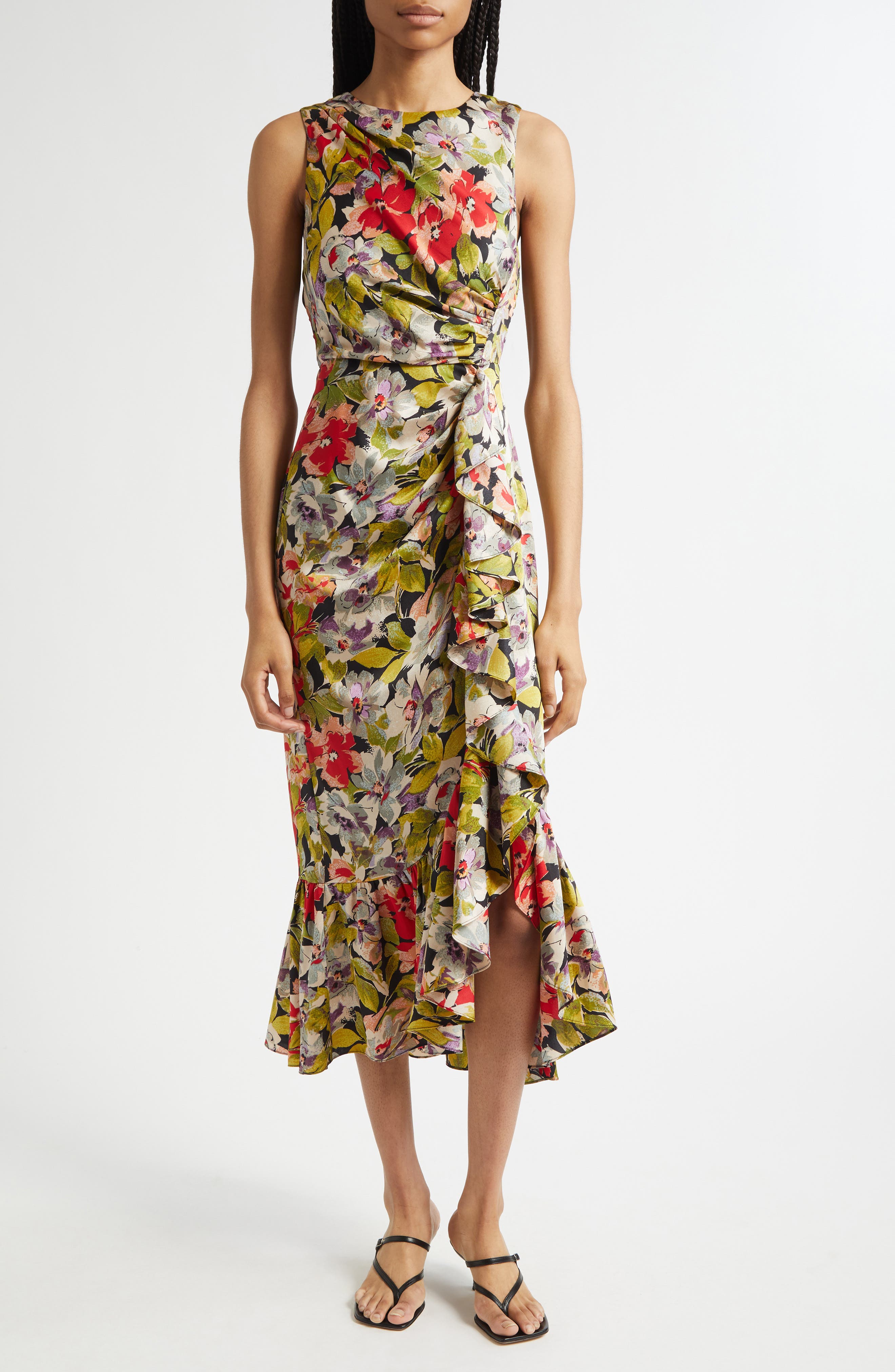 Cinq à Sept Canyon Bloom Elvira Ruffle Sleeveless Silk Midi Dress