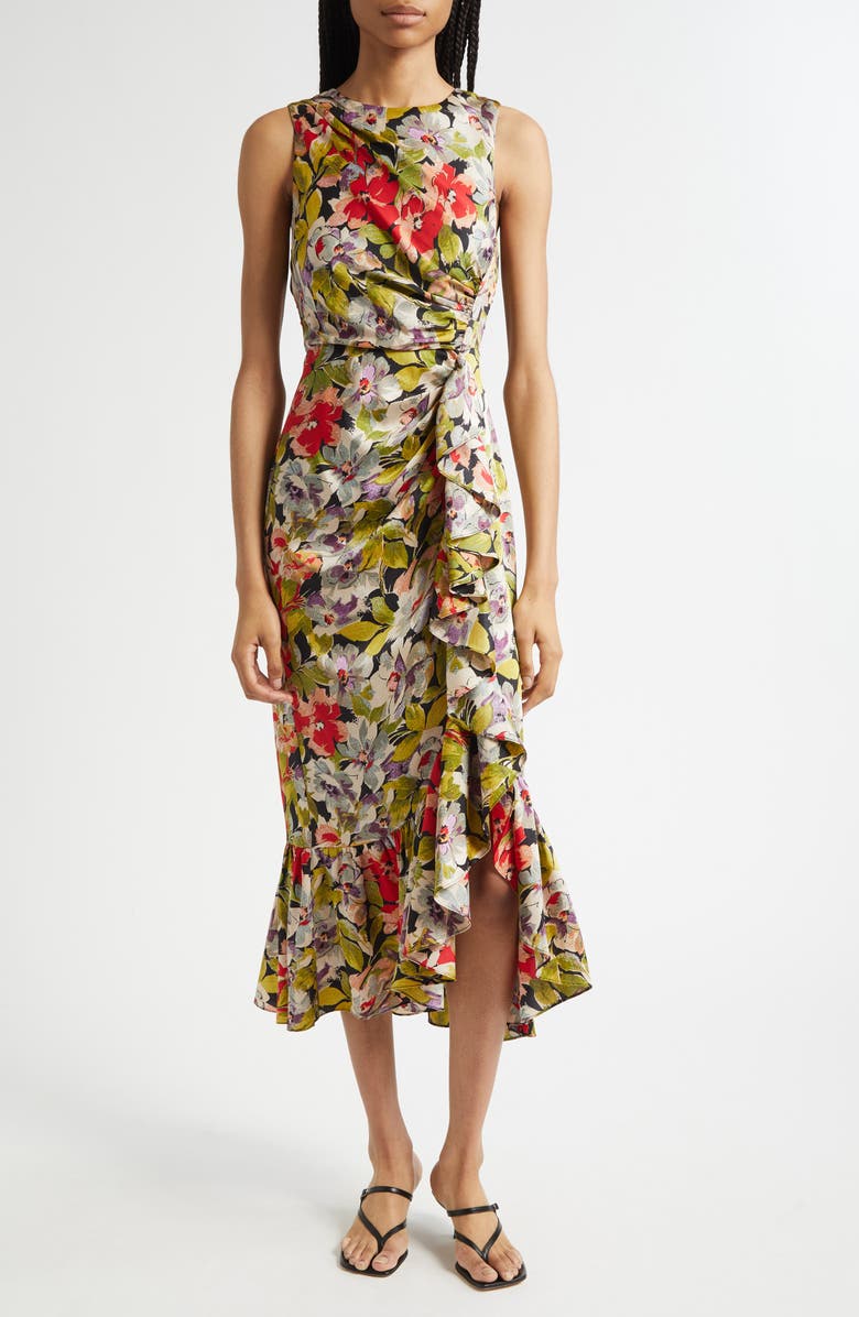 Cinq à Sept Canyon Bloom Elvira Ruffle Sleeveless Silk Midi Dress, Main, color, Black Multi