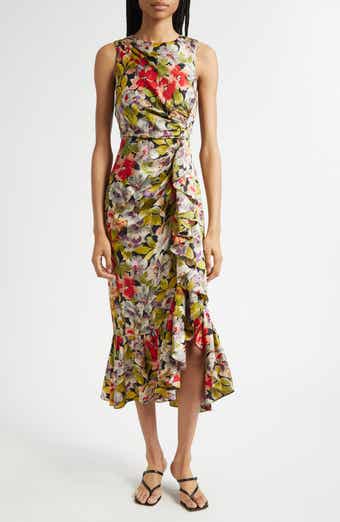 Cinq à Sept Canyon Bloom Elvira Ruffle Sleeveless Silk Midi Dress