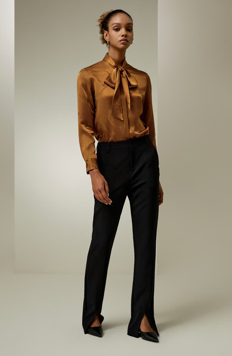 Lilysilk Jacquard-wave Silk Blouse with Bow for Women, Alternate, color, Caramel