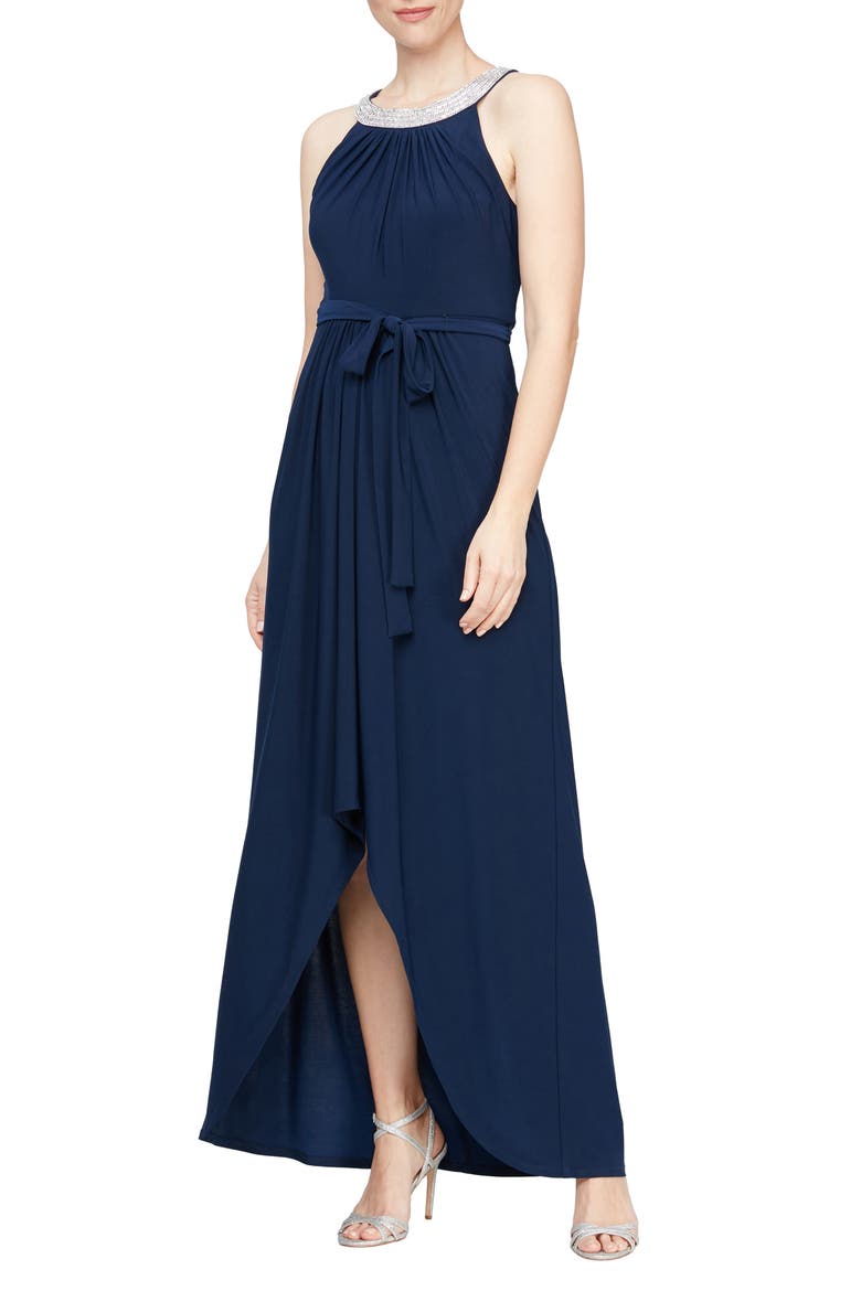 Embellished Tie Belt High-Low Dress, Main, color, NAVY