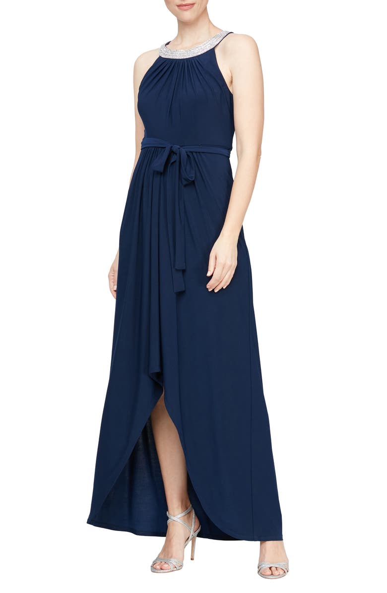 SL FASHIONS Embellished Tie Belt High-Low Dress, Main, color, Navy