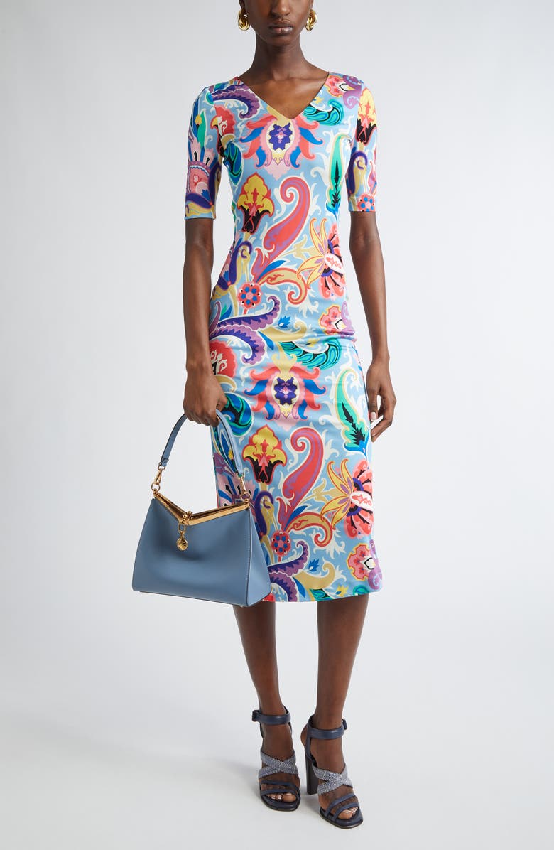 Etro Paisley Print Stretch Jersey Midi Dress, Main, color, Stampa F.do Blu