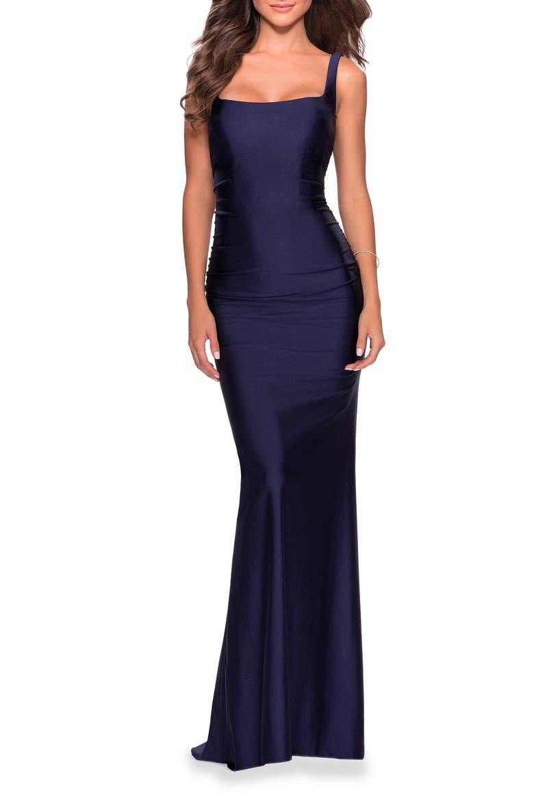 Long Jersey Prom Dress with Full V-Shaped Back, Main, color, Navy