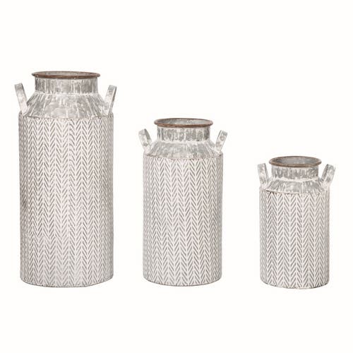 Transpac Metal Herringbone Jug Containers Set Of 3 Off-white Harvest Decor In Gray