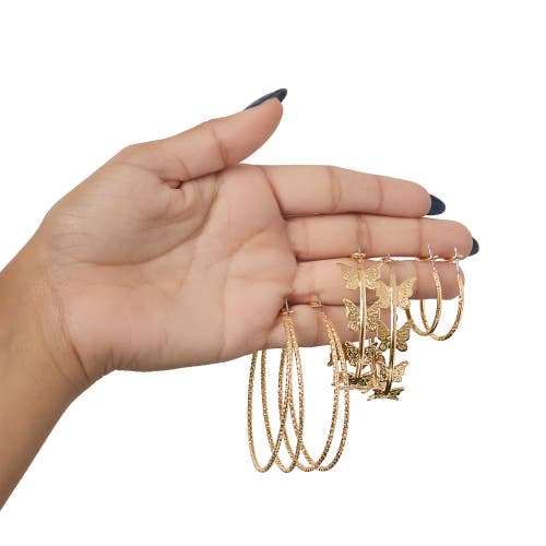 Jessica Simpson 3-piece Gold-tone Hoop Earring Set With Butterfly Details In Gold