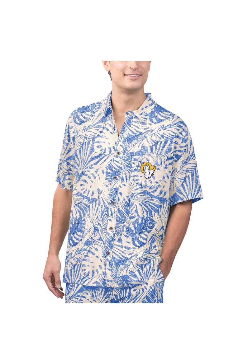 Men's Margaritaville Tan Los Angeles Rams Sand Washed Monstera Print Party Button-Up Shirt, Main, color, Cream
