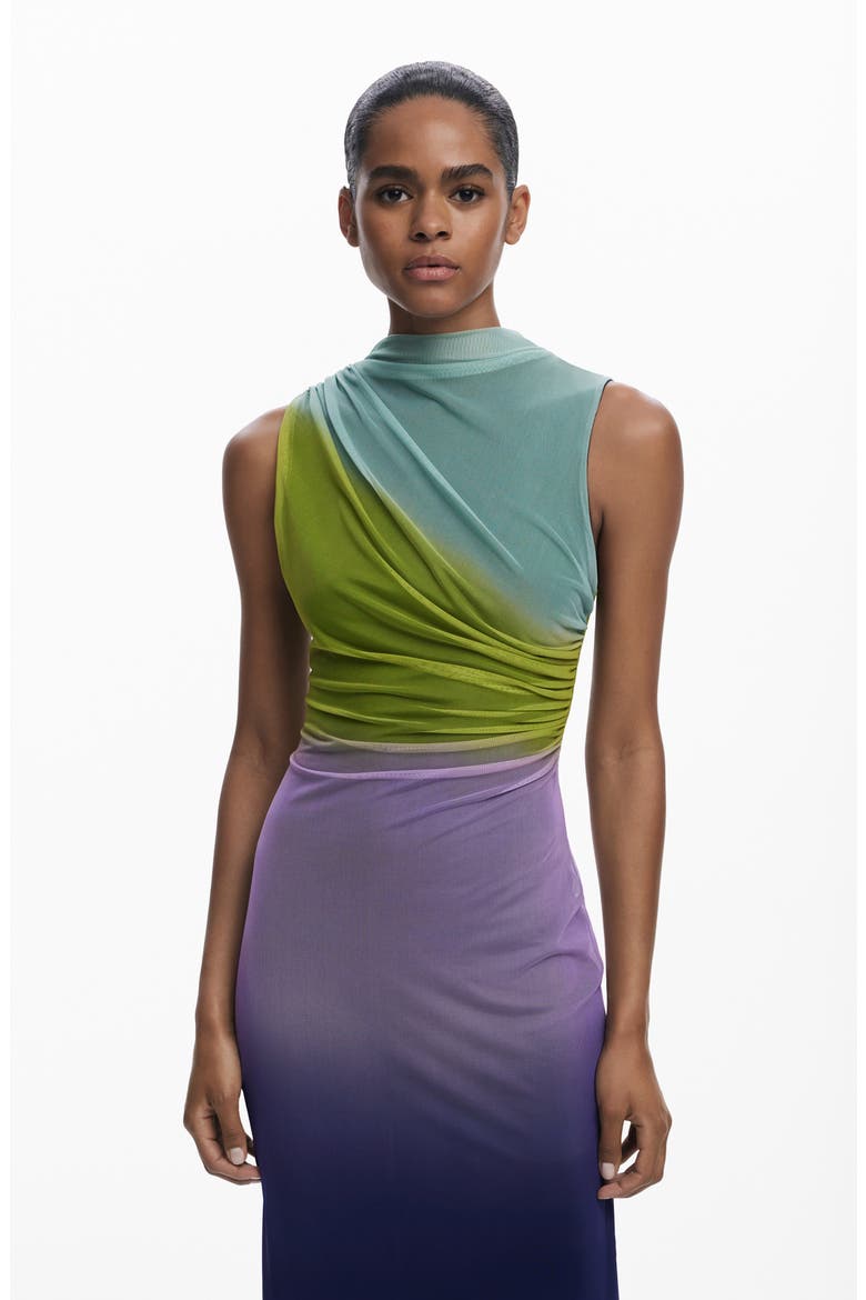 ruched ombre dress Blue Mesh Ombre Ruched Midi Dress