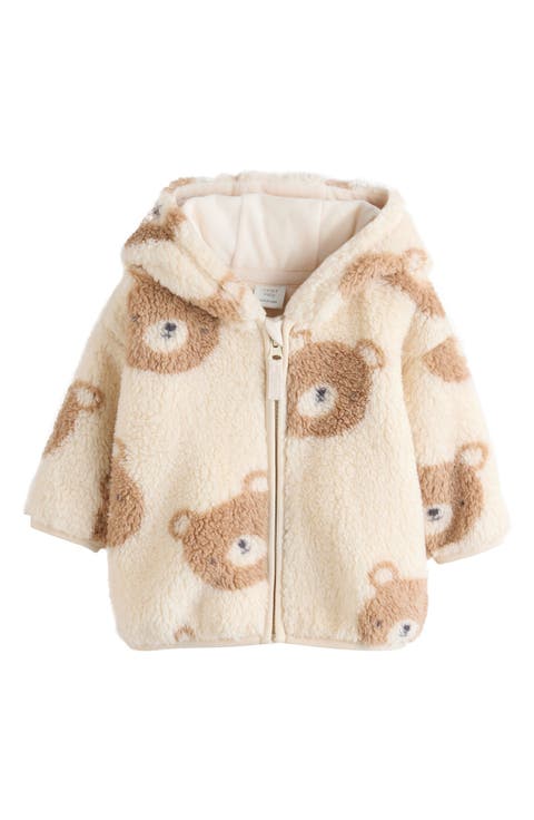 Bear Print Hooded Fleece Jacket