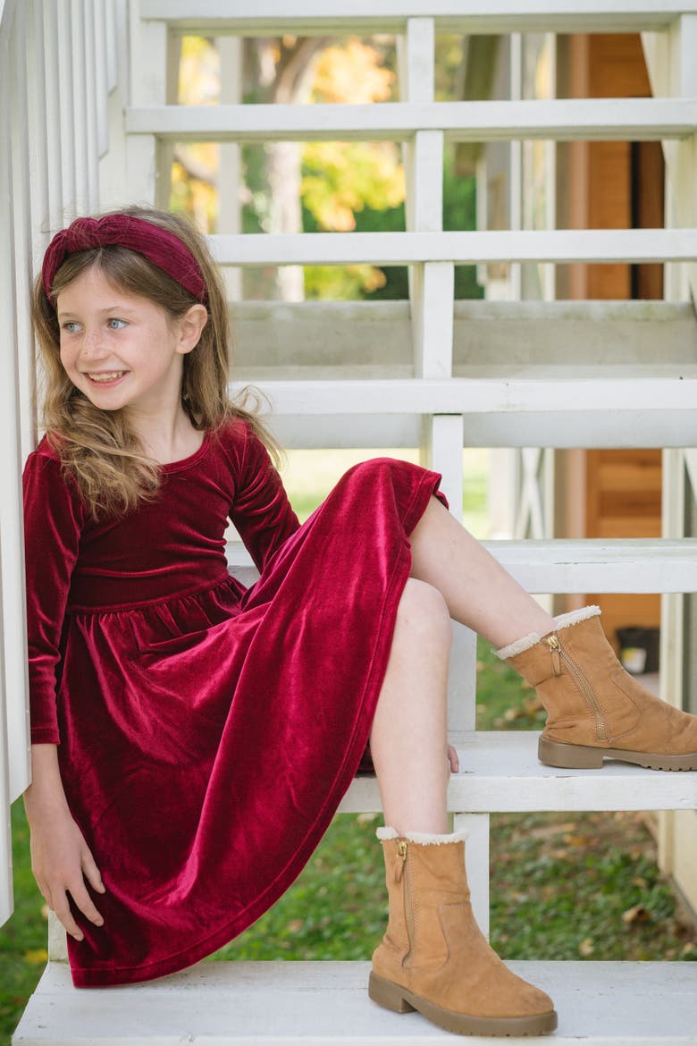 Embroidered Velvet Holiday Twirly Dress, Alternate, color, Burgundy