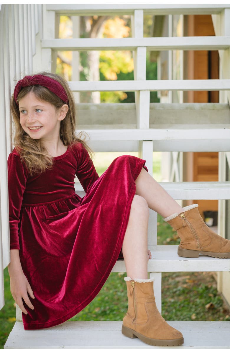 WORTHY THREADS Embroidered Velvet Holiday Twirly Dress, Alternate, color, Burgundy