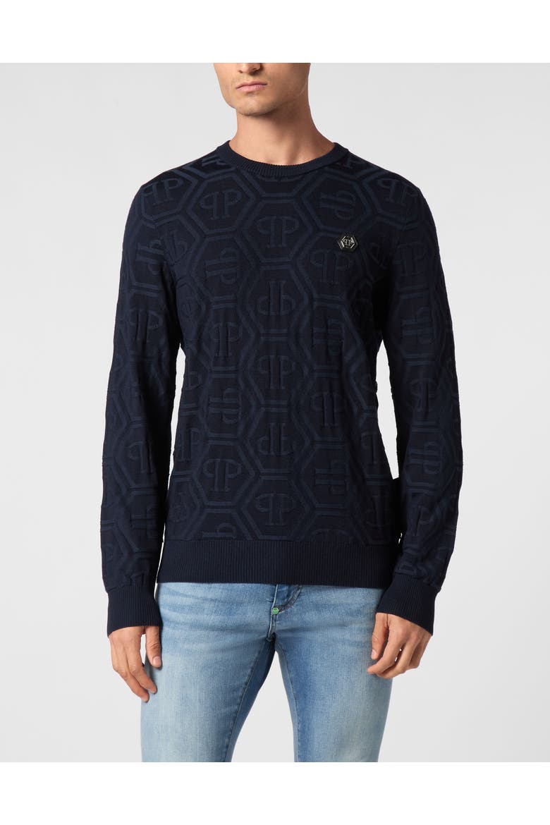 Jacquard Silk Wool Pullover Round Neck Ls Monogram Men, Main, color, navy
