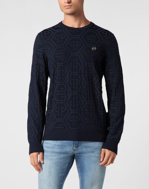 Jacquard Silk Wool Pullover Round Neck Ls Monogram Men