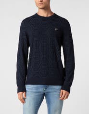 PHILIPP PLEIN Jacquard Silk Wool Pullover Round Neck Ls Monogram Men