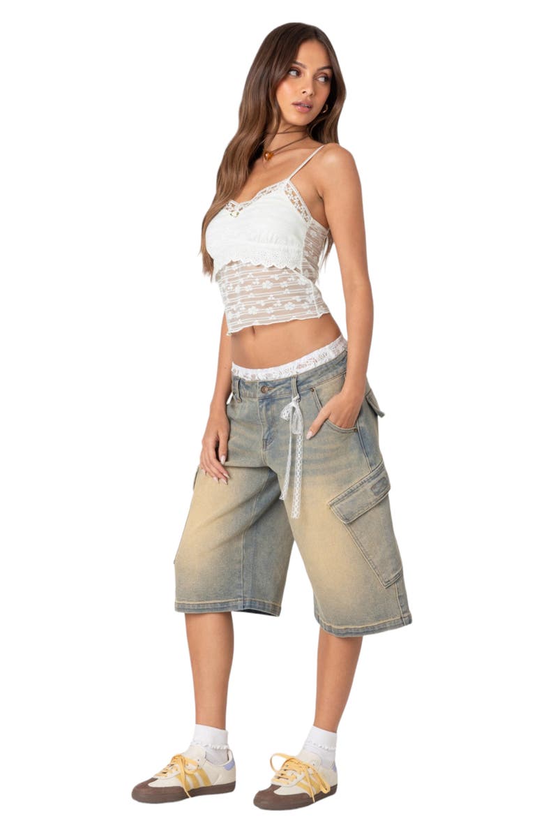 EDIKTED Lace Boxer Waist Nonstretch Denim Bermuda Shorts, Alternate, color, Blue-Vintage-Washed